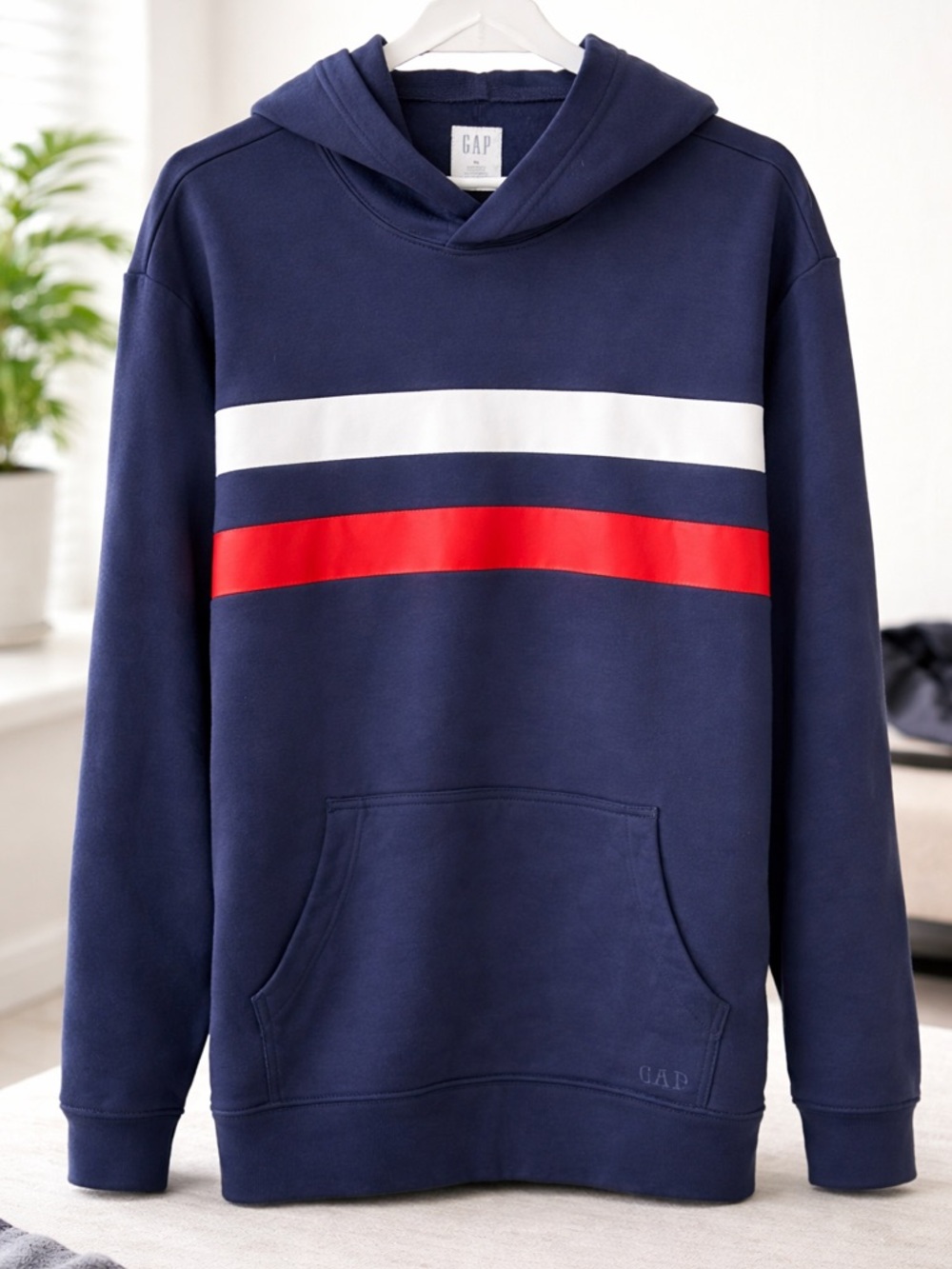 GAP Hoodie Navy Blue Stripe Logo Pullover | XL | Fleece Lined